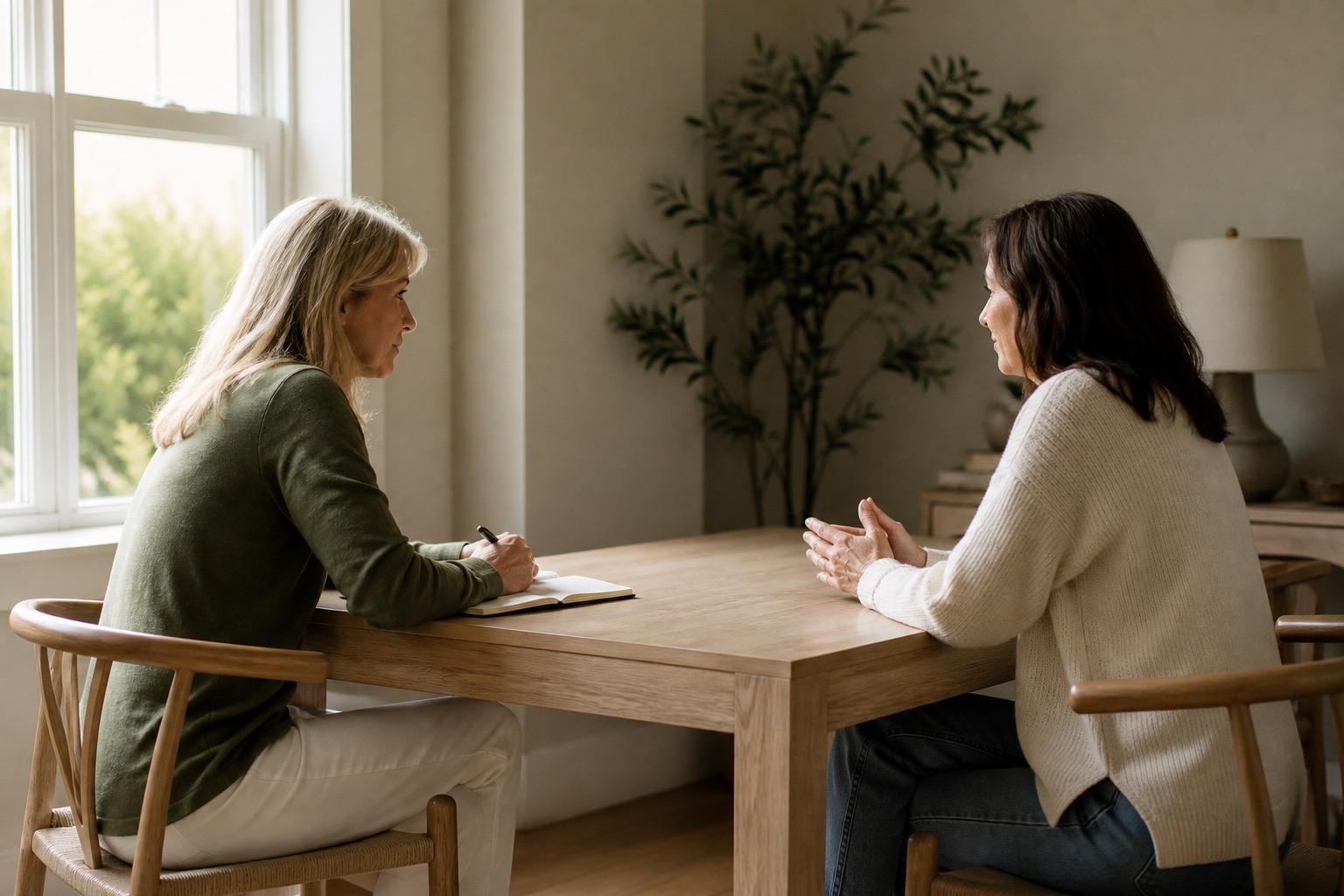 A health coach and client talking across a table in an unhurried one-to-one session