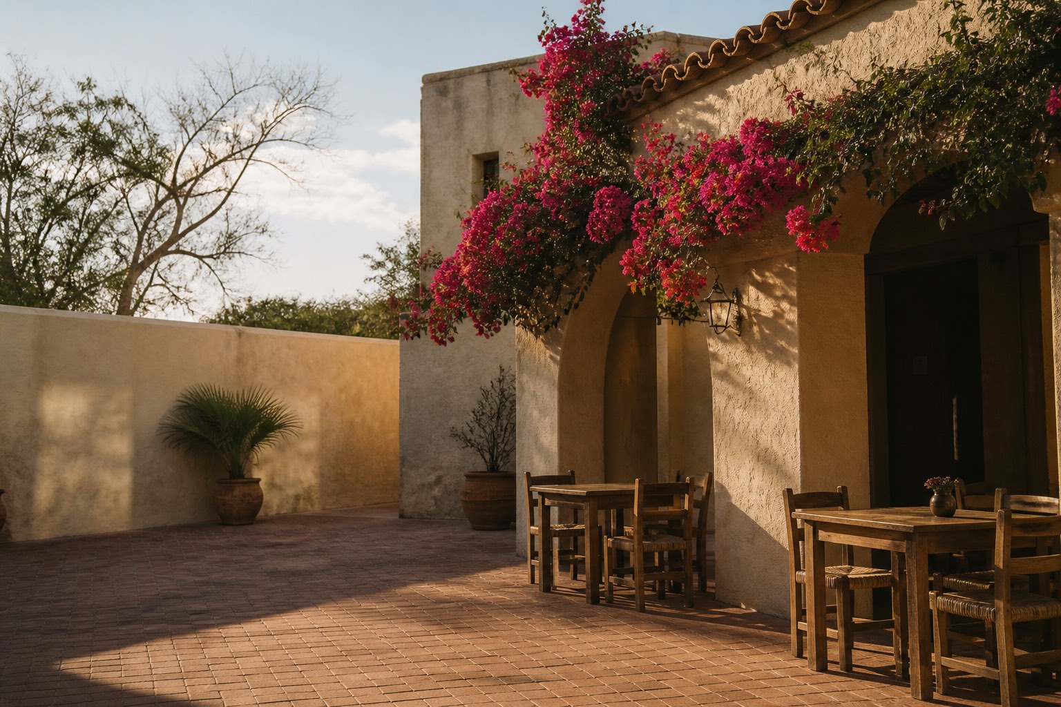 Morning light across a quiet courtyard, tables set out under bougainvillea before the day begins