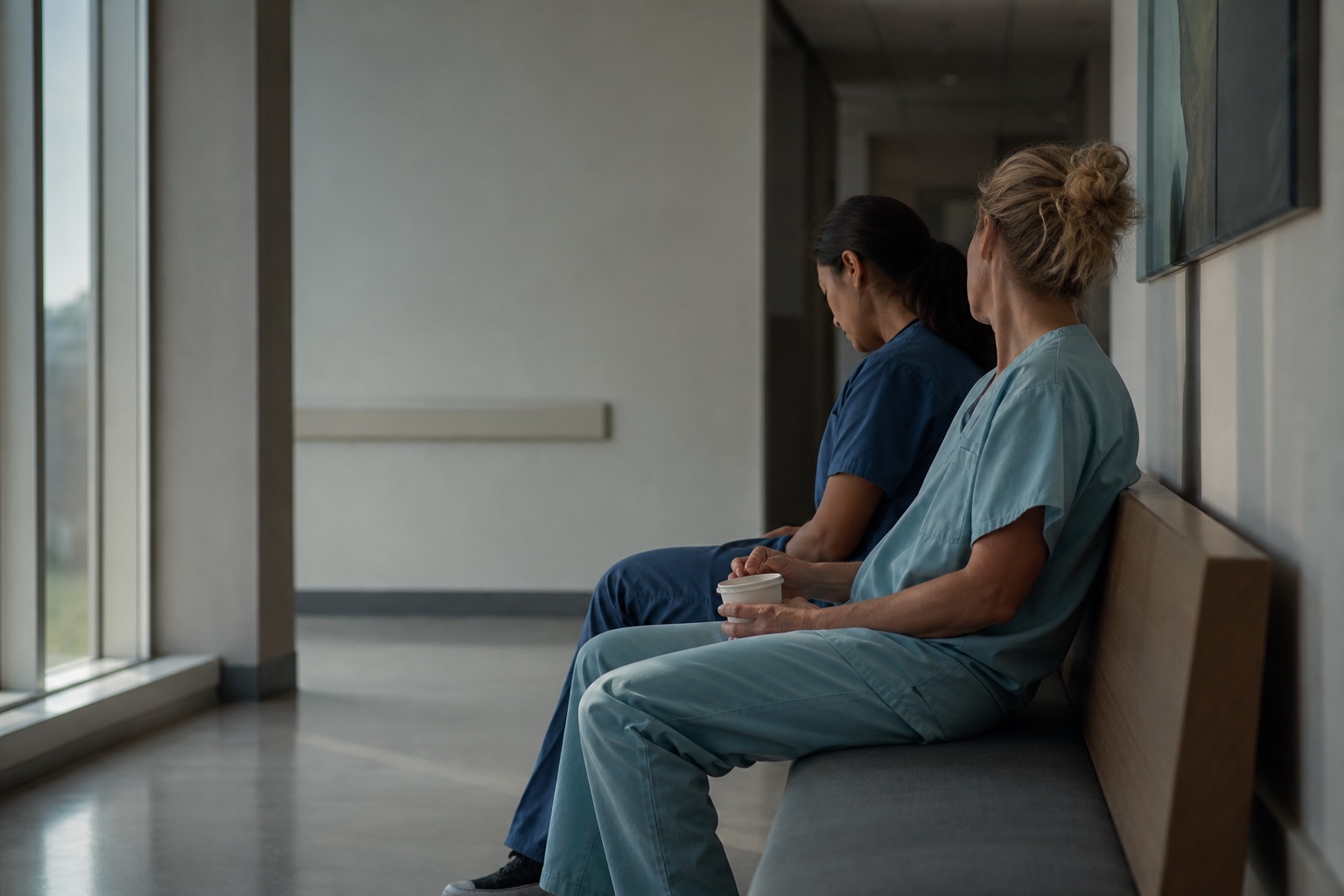Two hospital staff in scrubs sitting together in a quiet corridor at the end of a shift